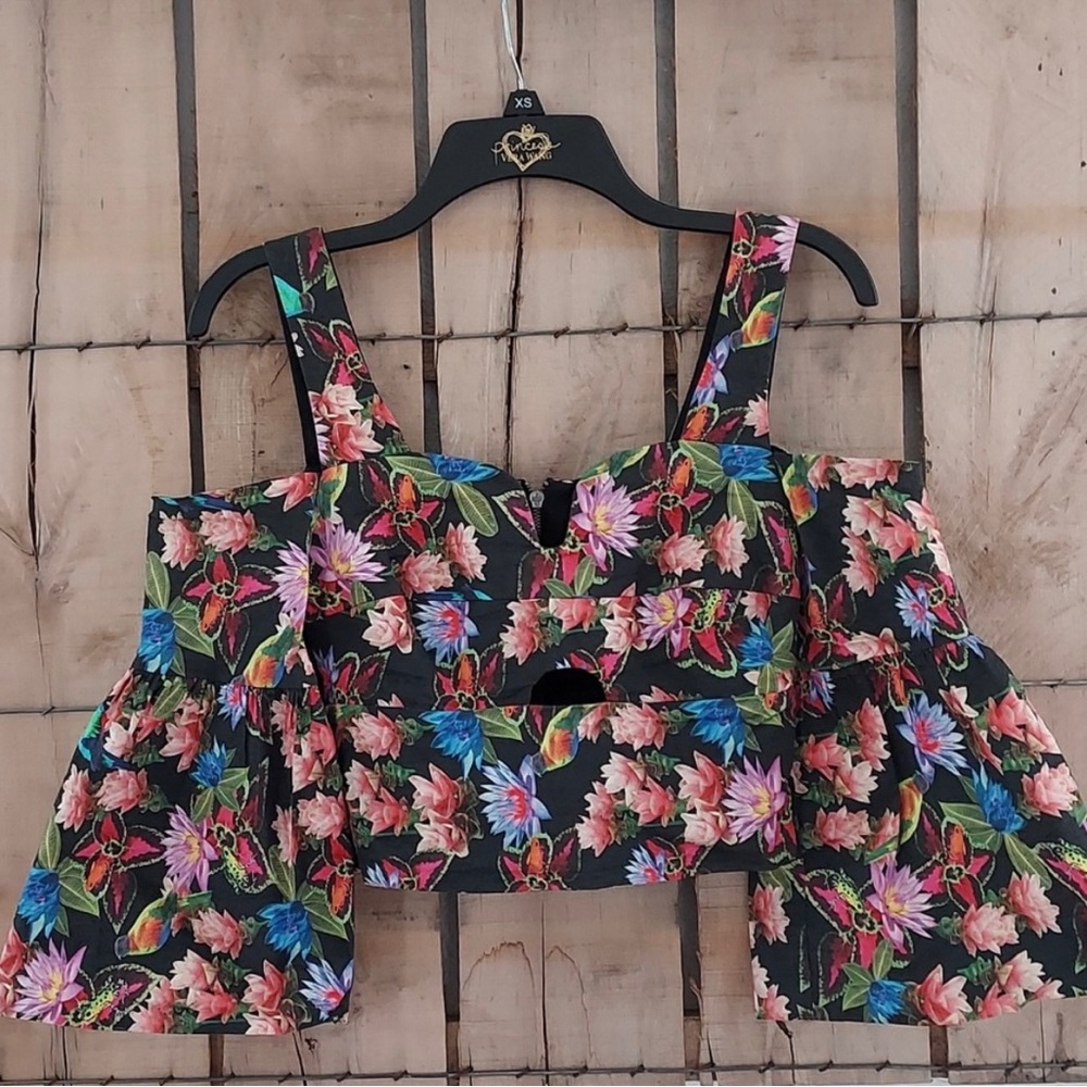 Tropical Print Cropped Top with Bell Sleeves